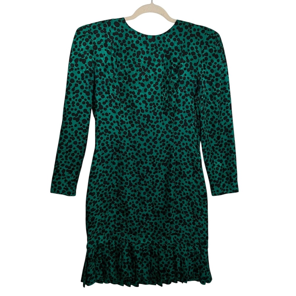 VTG Maggy London Sz 8 Green Black Polka Dot 100% Silk Dress‎ Pleated Ruffle Hem